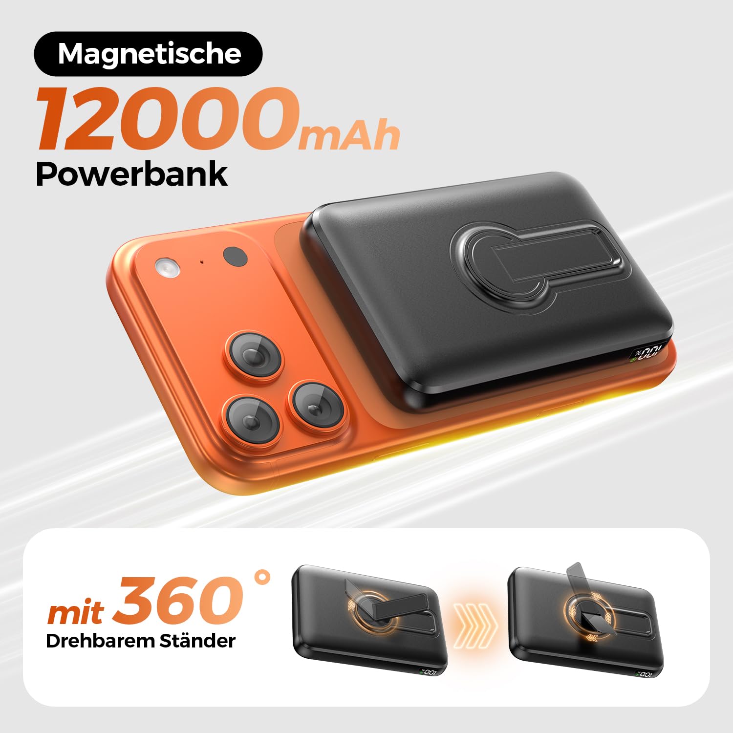Powerbank für Magsafe, Magnetische Power Bank 12000mAh mit PD 22.5W, Schnellladung Kabelloses Powerbank mit Typ-C-Eingang und Ausgang, LED-Anzeige für iPhone 17/16/15/14/13/12/Pro/Pro Max Serie