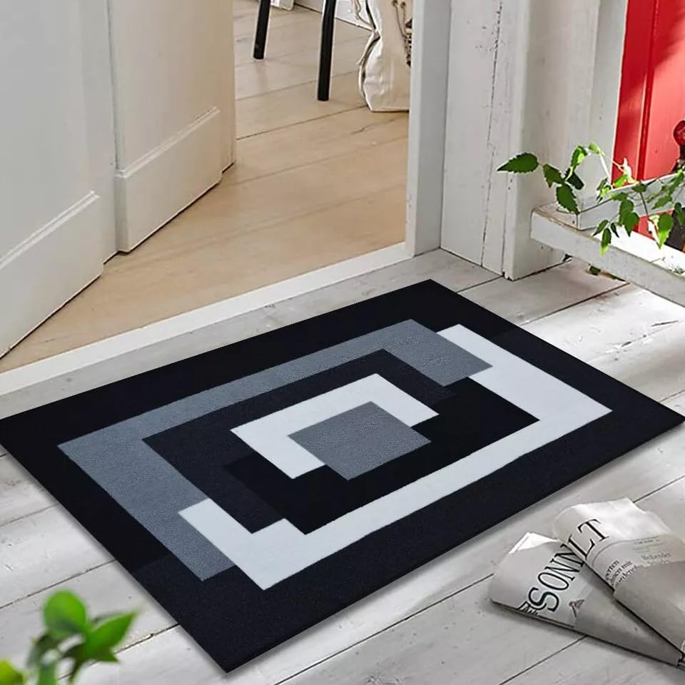 PHP Beautiful Large Door Mat - Flat weave Non Shed Geometric Pattern Doormat for Indoor Use - Kitchen Hallway Hall Bedroom Living Room, 50 x 80 cm, Black Grey