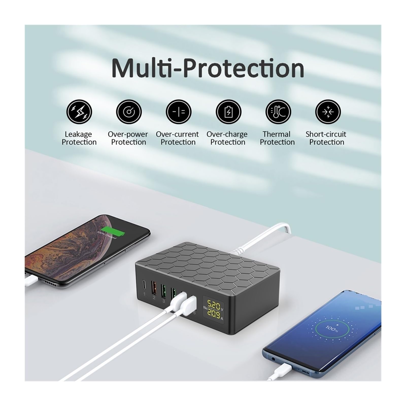 Cargador USB 65W 12A QC3.0 con Pantalla LCD, Cargador De Teléfono Móvil De Escritorio De 6 Puertos, Carga Rápida Inteligente For Teléfonos Inteligentes Cargador Rápido