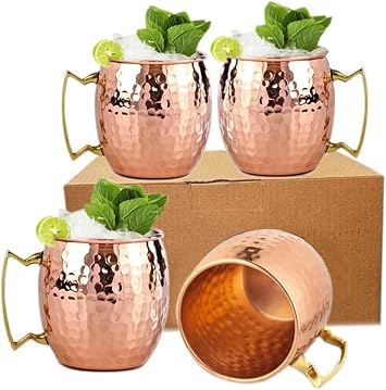 BOLD & DIVINE Moscow Mule Copper Mugs - Set of 4-100% HANDCRAFTED - Food Safe Pure Solid Copper Mugs with Gold & Brass Handle - 16 oz Christmas Gift Set | Perfect for Bars, Parties & Gifts