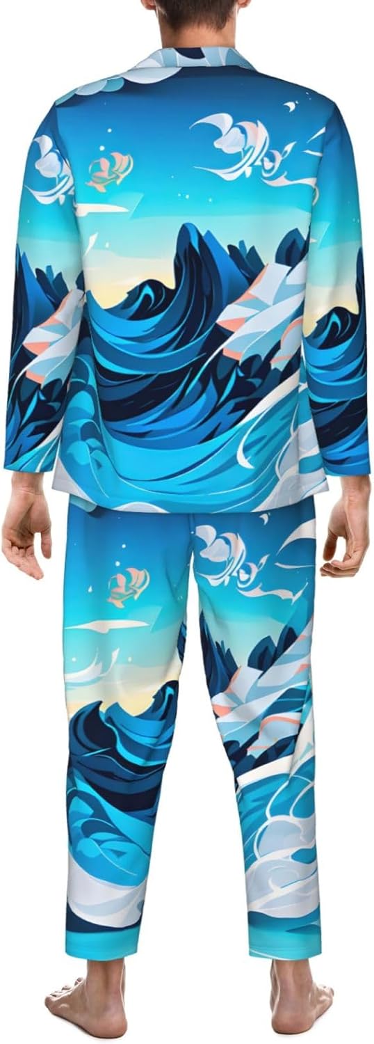 Ocean Wave Print Luxurious Mens Pajamas Set,Breathable Pajamas Set,Perfect For Lounging Bed,Sofa