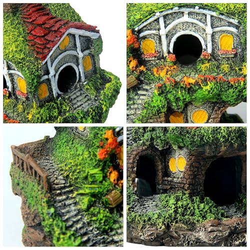 Image of RVQIGYPFish Tank Decoration Hobbit Cabin, Magic Underwater Cabin, elf House Aquarium Decoration, Hand-Carved Resin Material Anti-Fading Medium and Large Fish Tank Landscaping +Water Plants