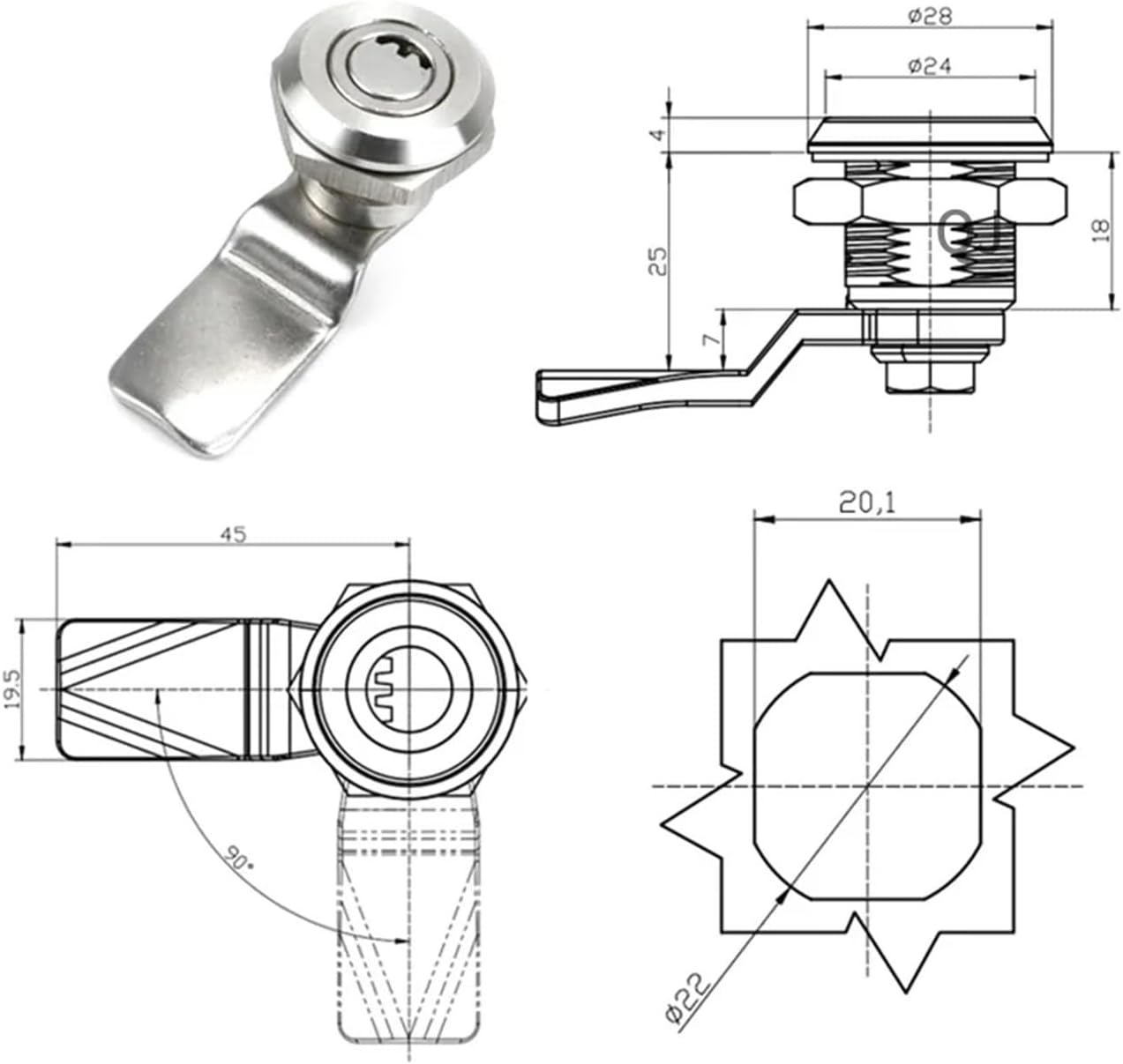 MS705 Crescent Lock 304 Stainless Steel Tongue Lock MS705-3E Distribution Box Lock Trash Can Lock Cylindrical Lock 1Pcs(Crescent Lock)