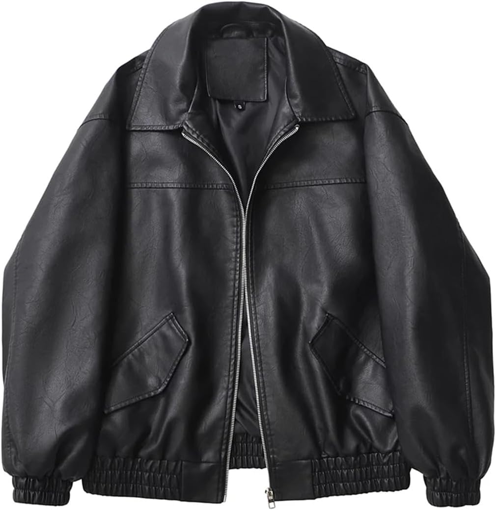 Women Streetwear Retro Loose Short Pu Faux Leather Jacket Spring Female Zipper Coat Vintage Moto Biker Outwear