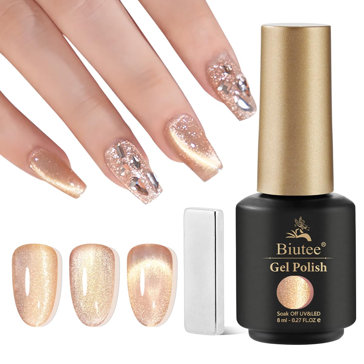 Biutee マグネットネイル ジェルネイル カラー ジェル キャットアイ 猫の目効果 8ML 磁石付き 猫目 ジェル 微粒子ラメ ダイヤモンドジェル 磁石付き 眩しい 輝き (ゴールド, ゴールド)