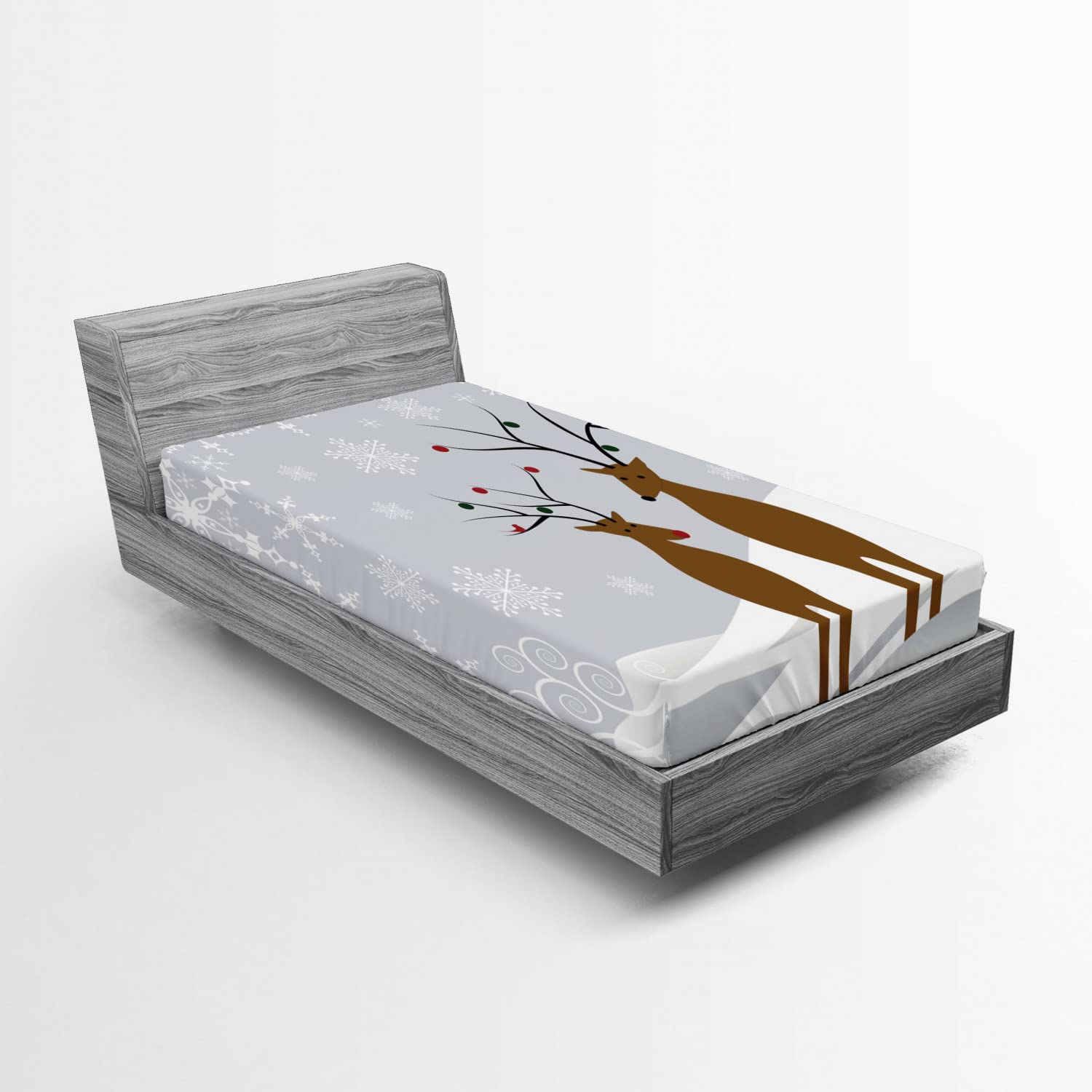 Ambesonne Christmas 2 Pack Fitted Sheet, Reindeers Noel, Bed Cover All-Round Elastic Deep Pockets 2 Pieces, Package Contains 2 Twin Size Fitted Sheets, Grey Brown