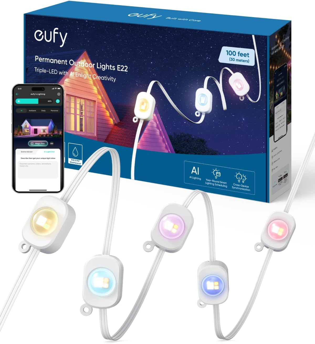 Permanent Outdoor Lights E22, 100ft with 60 Triple-LED Lights, Smart RGBWW for Christmas, Daily and Holiday, Up to IP67 Waterproof, AI Light Themes for Christmas Decorations, Works with eufy Cams