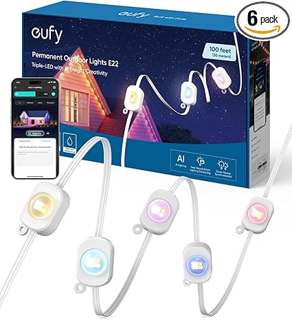 eufy Permanent Outdoor Lights E22, 100ft with 60 Triple-LED Lights, Smart RGBWW for Christmas, Daily and Holiday, IP67 Waterproof, AI Lighting Themes for Christmas Decorations, Links with Cameras