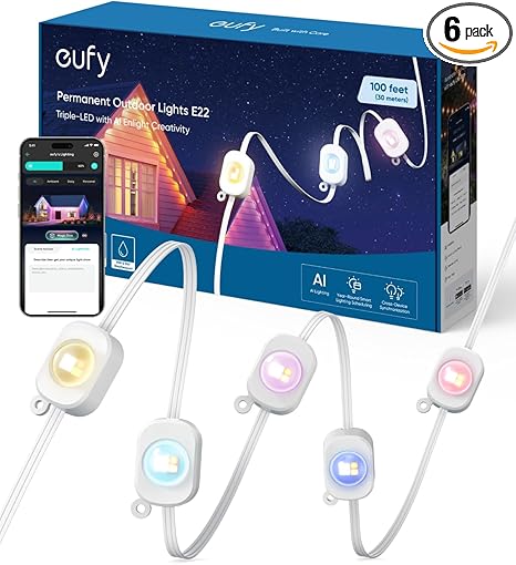 eufy Permanent Outdoor Lights E22, 100ft with 60 Triple-LED Lights, Smart RGBWW for Christmas, Daily and Holiday, IP67 Waterproof, AI Lighting Themes for Christmas Decorations, Links with Cameras