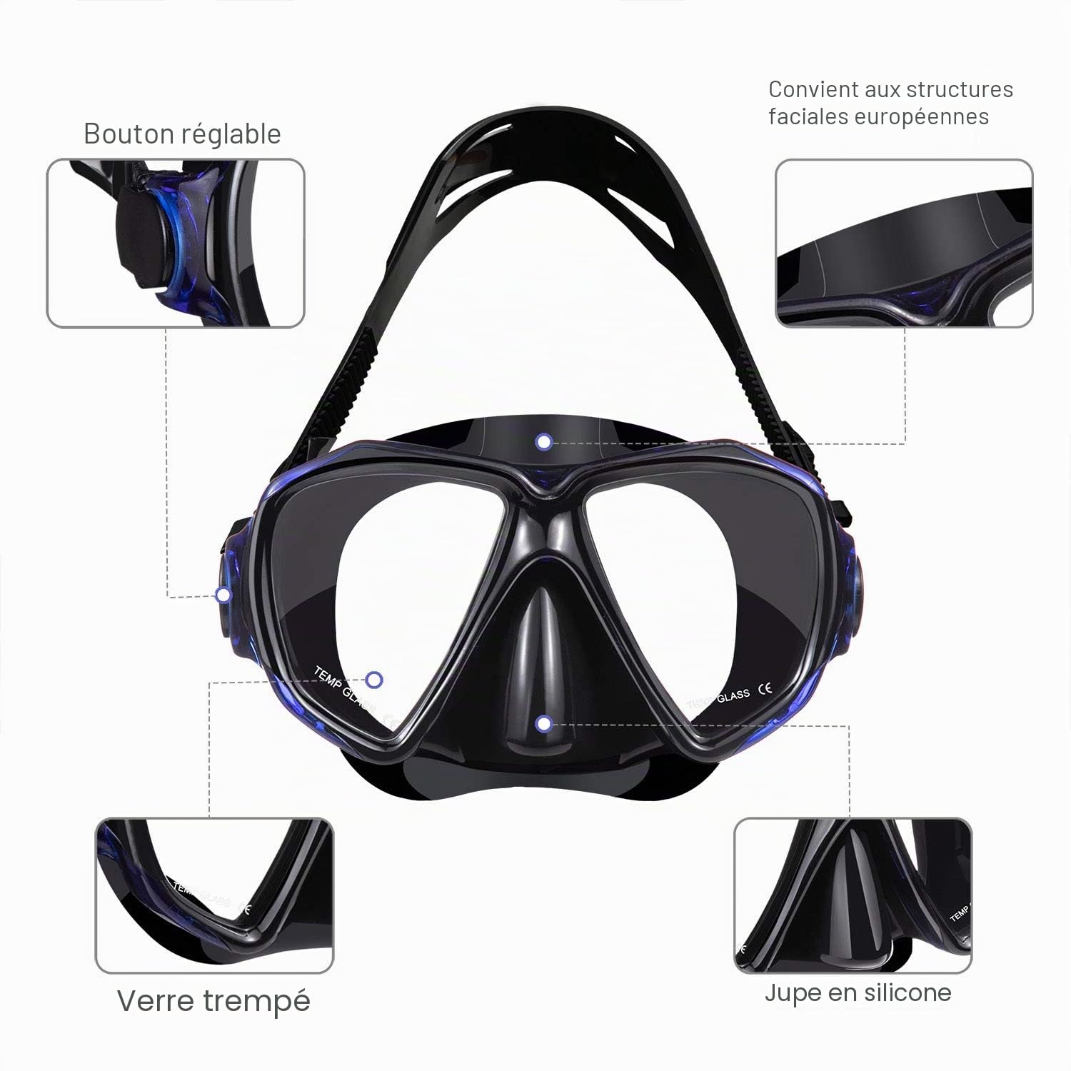 Dorlle Masque Plongée Adulte Verre Trempé Anti buée étanche Snorkeling Tube Respiration Sèche 3 Canaux