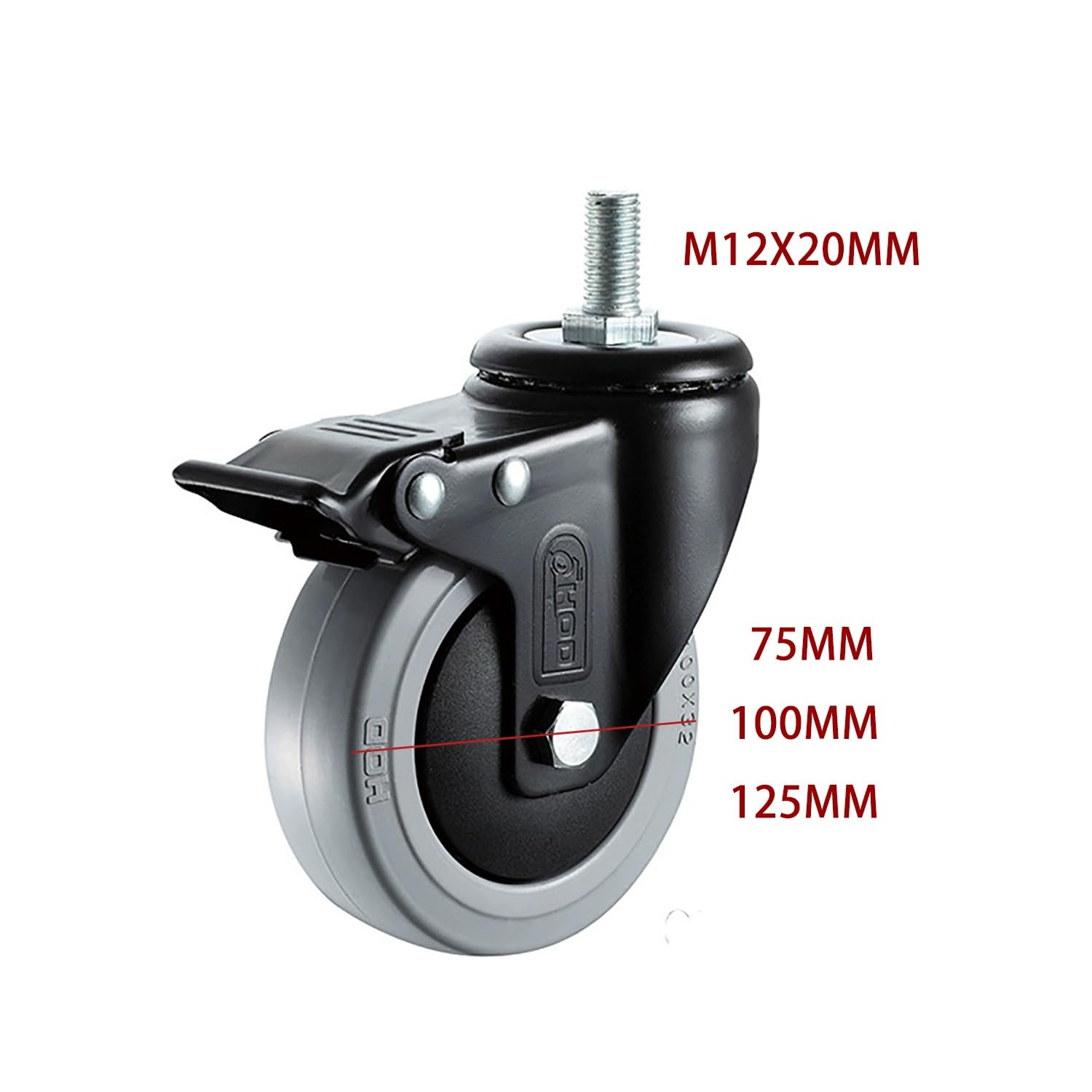 75mm roulettes Industrielles Pivotantes à Tige Filetée M12*20mm, roulettes en Caoutchouc for Meubles, Capacité de Charge 270kg, Lot de 4(with Brake,100mm)