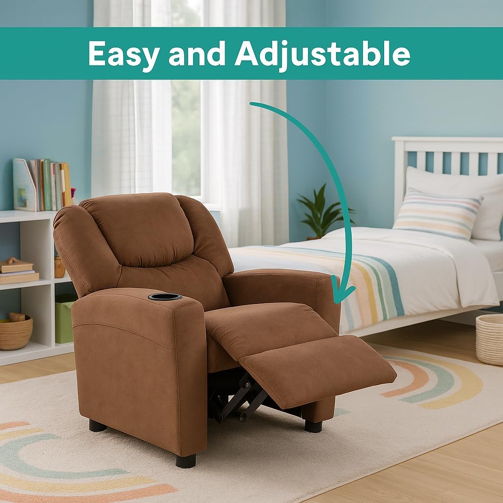 Naomi Home Suri Kids Recliner Chair with Cup Holder & Footrest, Built to Grow with 150 lbs Capacity, Solid Hardwood Frame, and 3 Recline Positions for Toddlers & Children, Brown,Microfiber