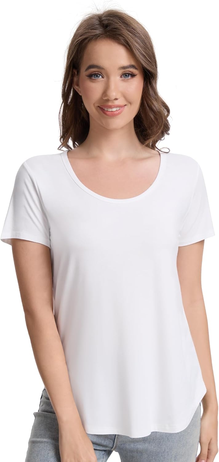 WiWi Women's Bamboo Viscose Scoop Neck Short Sleeve T Shirt Casual Summer Cooling Basic Tee Tops Soft Lounge Pajamas S-XXL
