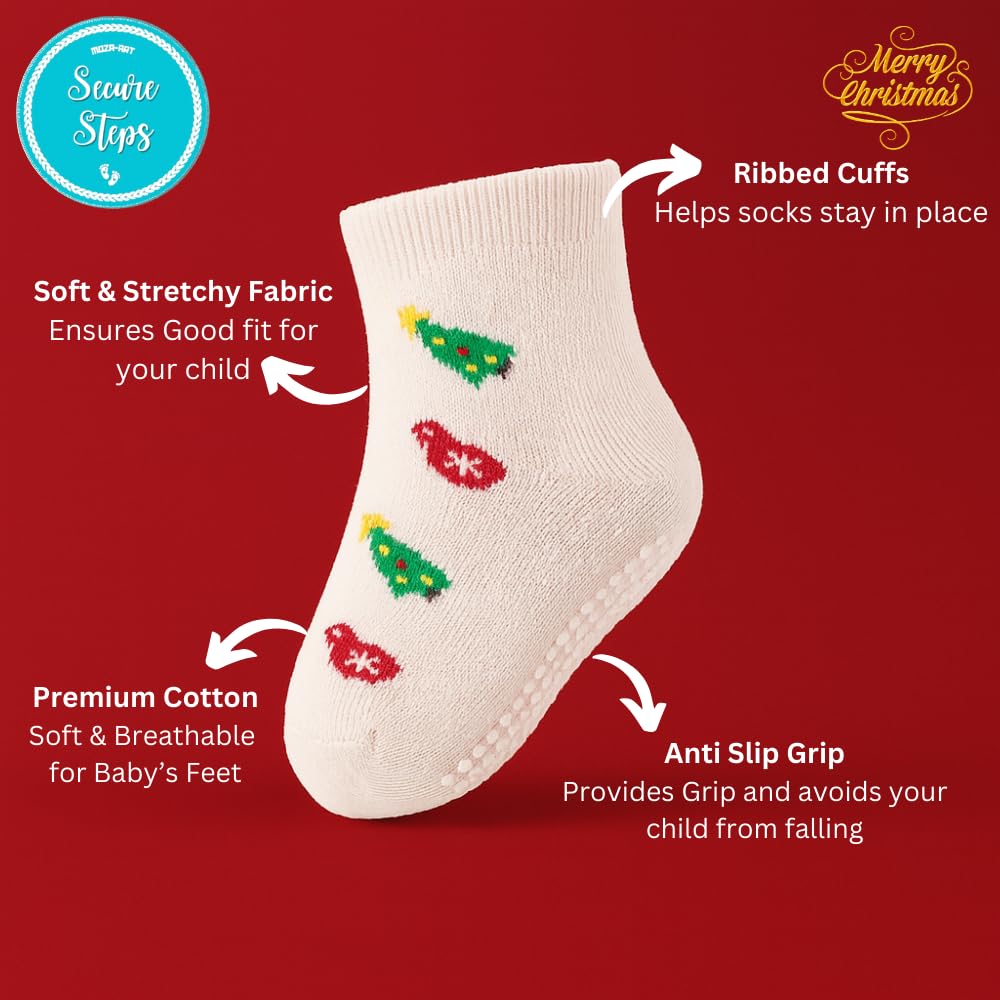 Secure Steps Baby Socks for Kids – Anti Skid Cotton Socks for Baby Girl & Boy | Soft Warm Winter for 3–5 Years | Made in India Toddler Crawling | Premium Festive Children Socks | Pack of 4 1