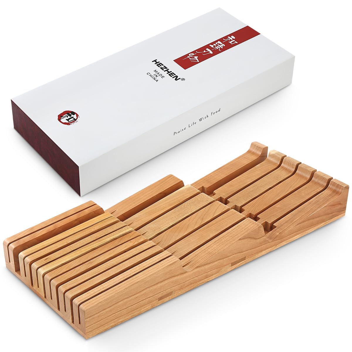 HEZHEN11-slots Cherry Wood In-drawer Knife Tray,Knife Holder, Knife Block without Knives, Fit for 10 Knives and 1 sharpening rod
