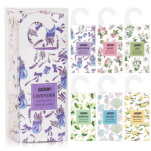 MYARO 12 Packs Large Sachets for Drawers and Closets, Large Hanging Sachet Bags Closet Air Fresheners Potpourri Bags Long-Lasting 6 Scents – Lavender, Rose, Jasmine, Ocean, Vanilla, Lily