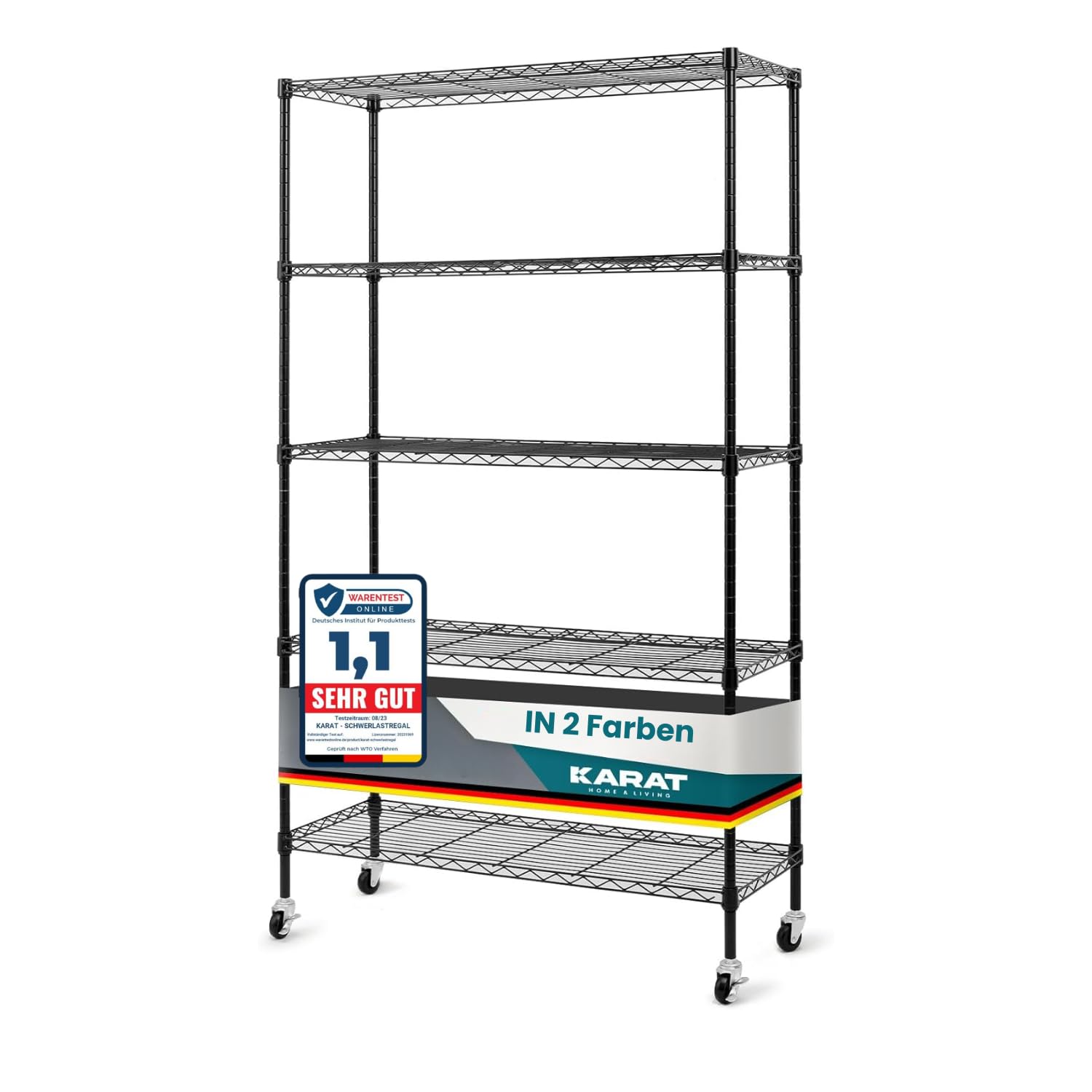 KARAT Estantería con Ruedas de Metal con 5 Estantes y Freno de Estacionamiento - para Cocina, Baño, Sótano, Trastero - Capacidad 120 kg - Color Negro - 89 x 34 x