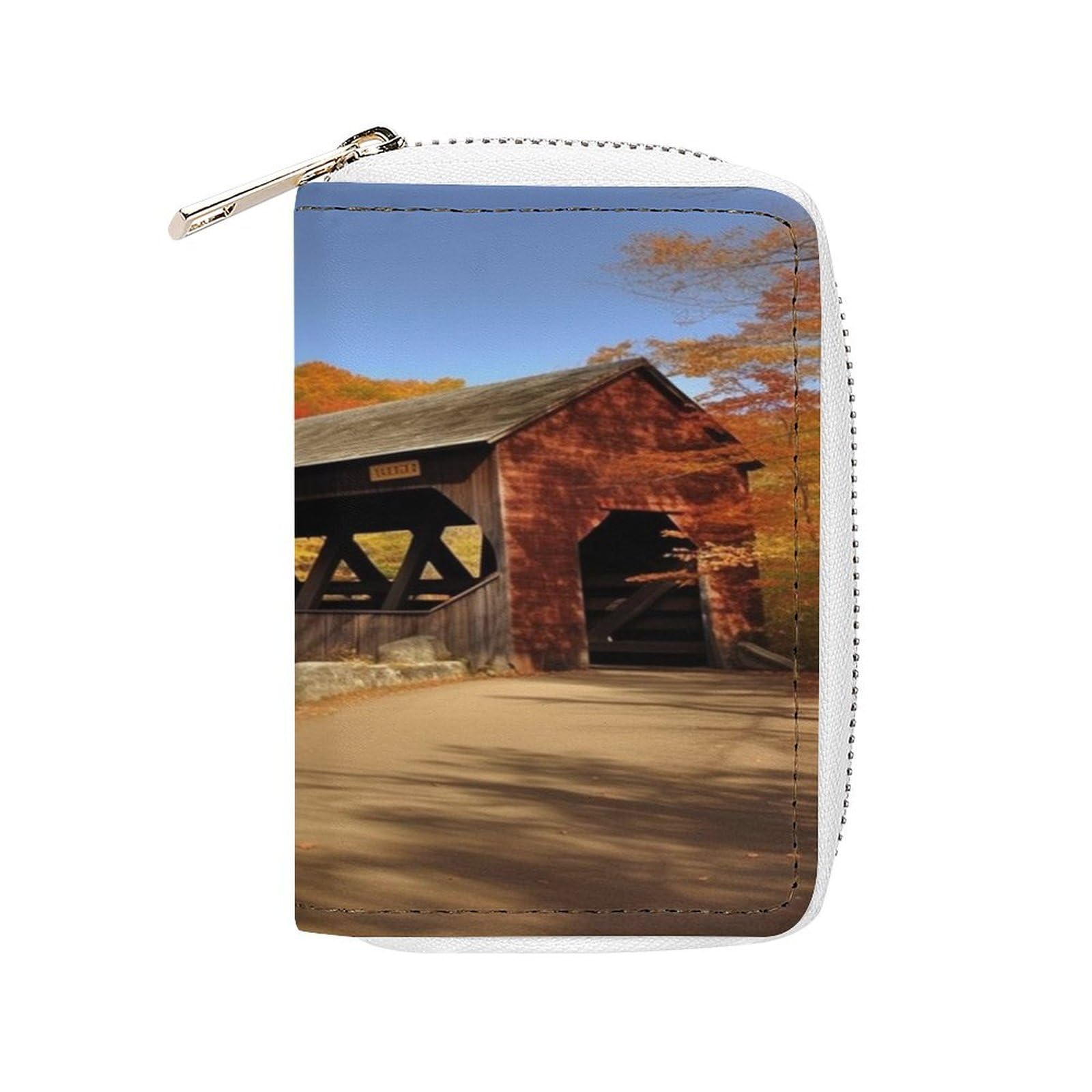 Leather Card Organizer Case Card Wallet Credit Card Holder Albany Covered Bridge Printed Zipper Card Cases Holder for