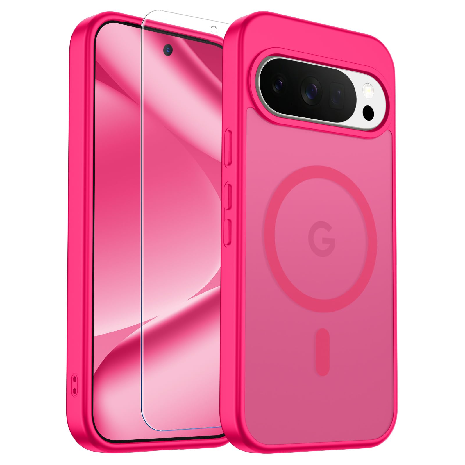 SUPFINE Magnetic for Google Pixel 10 Pro Case/Pixel 10 Case with Screen Protector, (Built-in Magnets) ((Military Grade Drop Protection) Slim Translucent Shockproof Phone Case,Hot Pink