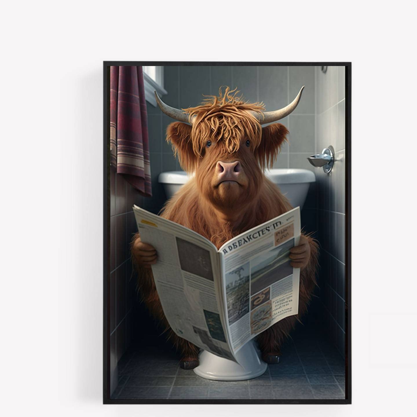 Gfc Black White Funny Bathroom Toilet Animal Print Picture Poster Highland Cow On A Toilet Reading Newspaper A4 Unframed Wall Art Home Decor Decorating