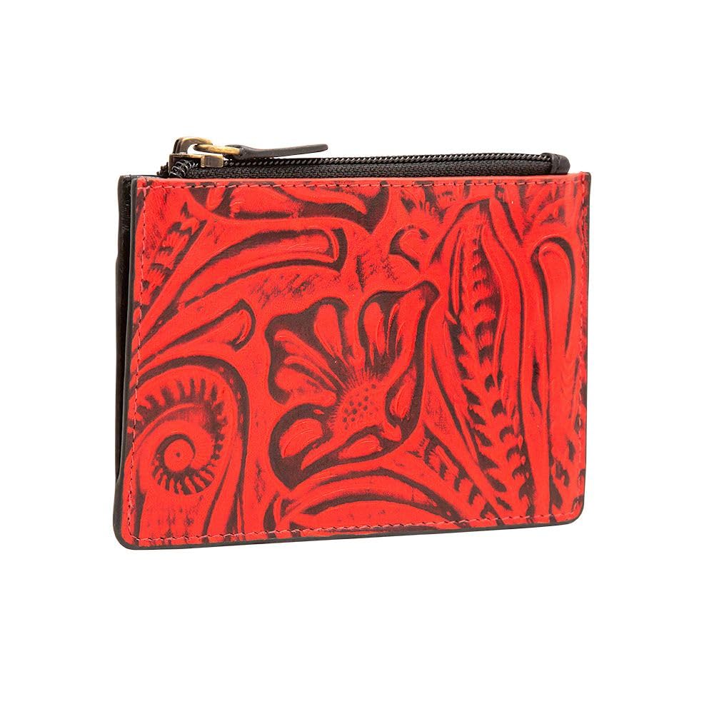 Myra Bag Reddy Holdy Embossing Color Print Leather Credit Card Holder - Red Compact Slim Wallet with Zipper & Card Slots, Small Coin Purse, Card Case Front Pocket for Women, Ideal for Party, Shopping
