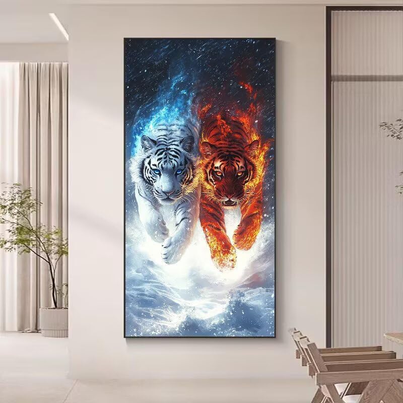 数字でペイントキャンバスにアクリル絵の具を描くためのDIYクラフトキット 炎 虎, 大人、初心者、子供、学生, 油絵 数字キット,