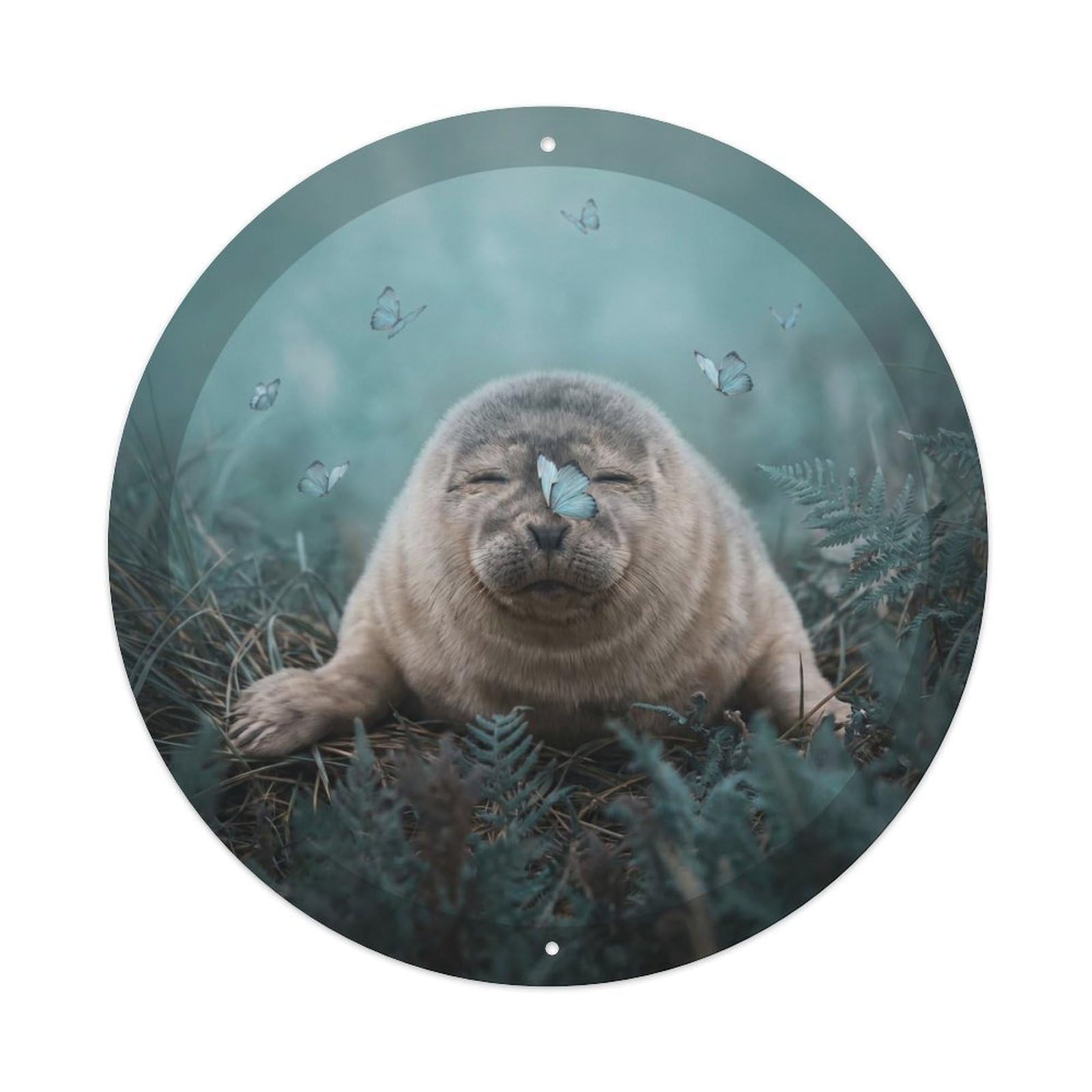 Pale Blue Butterfly Seal Pup Cute Arctic Wildlife Dream Metal Tin Sign Plaque Wall Decor for Cafe, Man Cave, Club Bar, Office, Home Garden Round Metal Poster 8x8Inch
