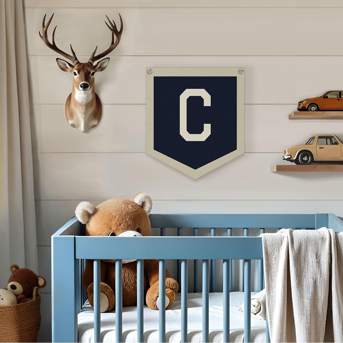 Lacama Toddler Boys Room Decor Name Pennant Flag Personalized Baby Gifts,Vintage Sports Baby Boy Nursery Wall Art,Name Sign for Toddler Bedroom Playroom Kidsroom,Baby Boy Gifts,Letter C 12x14 in - Image 2