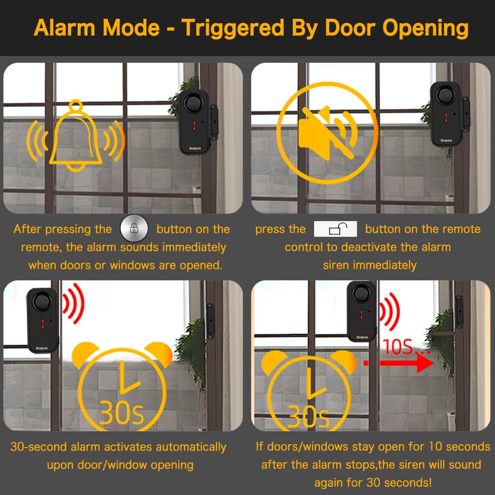 Allarme di sicurezza personale impermeabile per porta/finestra, impermeabile IP66, con telecomando, 113 dB, modalità allarme/campanello, spaziatura migliorata dello spazio tra le porte, antifurto