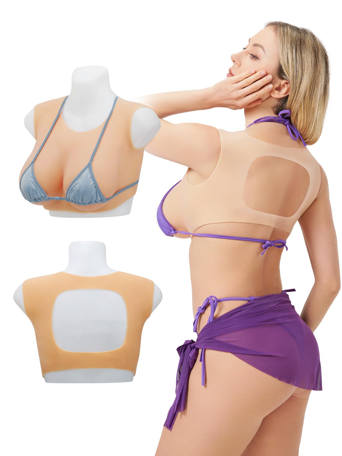 Jorgish Women's White Breastplate Round Collar Hollow Back Silicone Breast Forms B-G Cup Breast Plates For Crossdressers Drag Queen Mastectomy,,Cotton Filler,G Cup