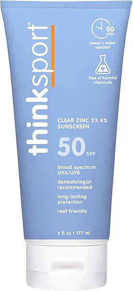 Thinksport Mineral Sunscreen, SPF 50 Clear Zinc Oxide Sunscreen, 6 Fl Oz, Water Resistant Reef Safe Sunscreen, Vegan Broad Spectrum UVA/UVB Sun Screen