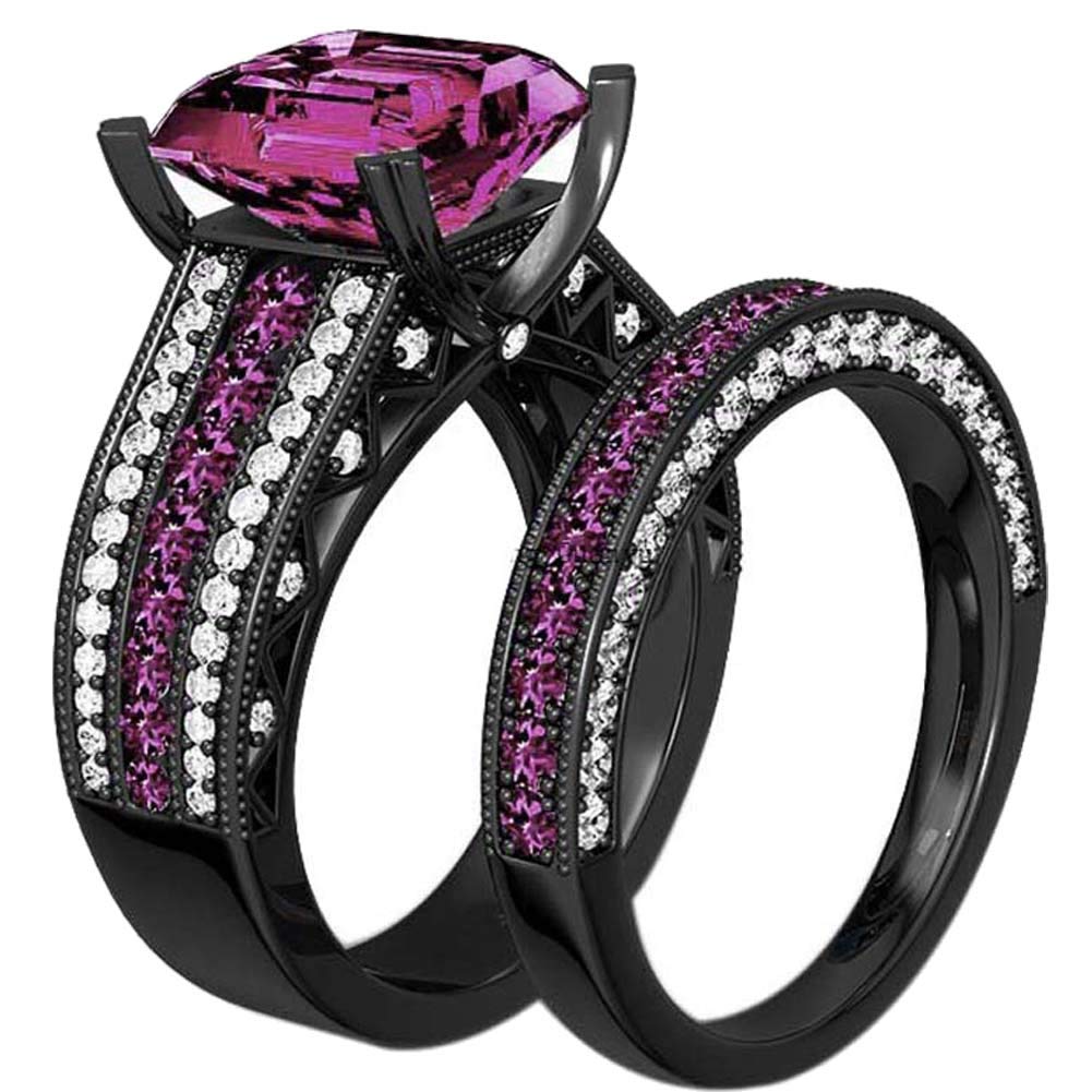 Conjuntos nupciales de lujo chapados en oro negro para mujer, conjuntos de anillos de boda de corte princesa de 0.315 in de circonita azul, Metal Cristal rhinestone, Zirconia cúbica