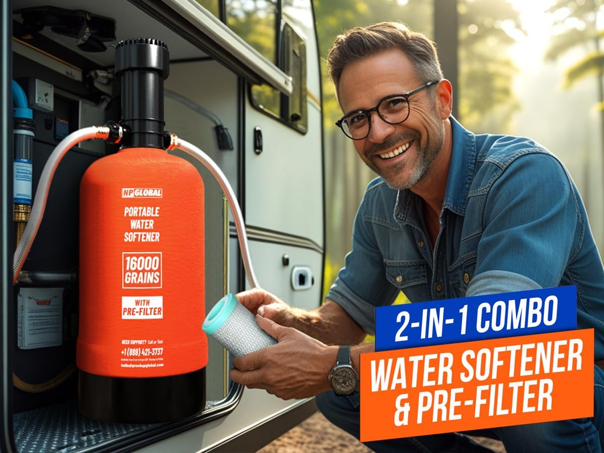 Man connecting the portable RV water softener to an RV's water inlet.