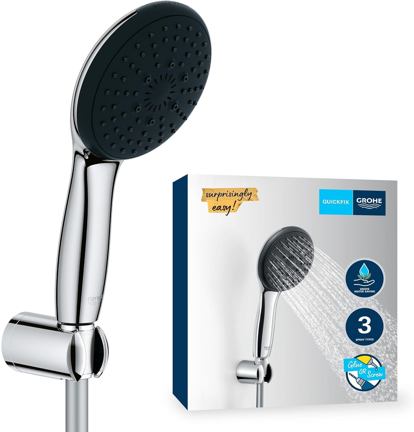 GROHE Vitalio Start 110, Ensemble de Douche avec Douchette Ronde 3 Jets, Support Mural Universel, Flexible 1,75m, Economie d'Eau, A coller avec GROHE QuickGlue ou à visser, Chromé, 26769001