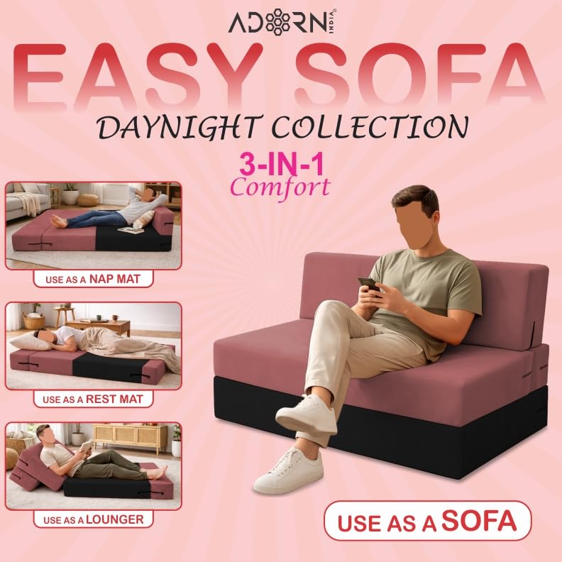 Image of Adorn India Easy Desmond 4 Seater Sofa Cum Bed 6 X 6 (Pink & Black) (1 Year Warranty)