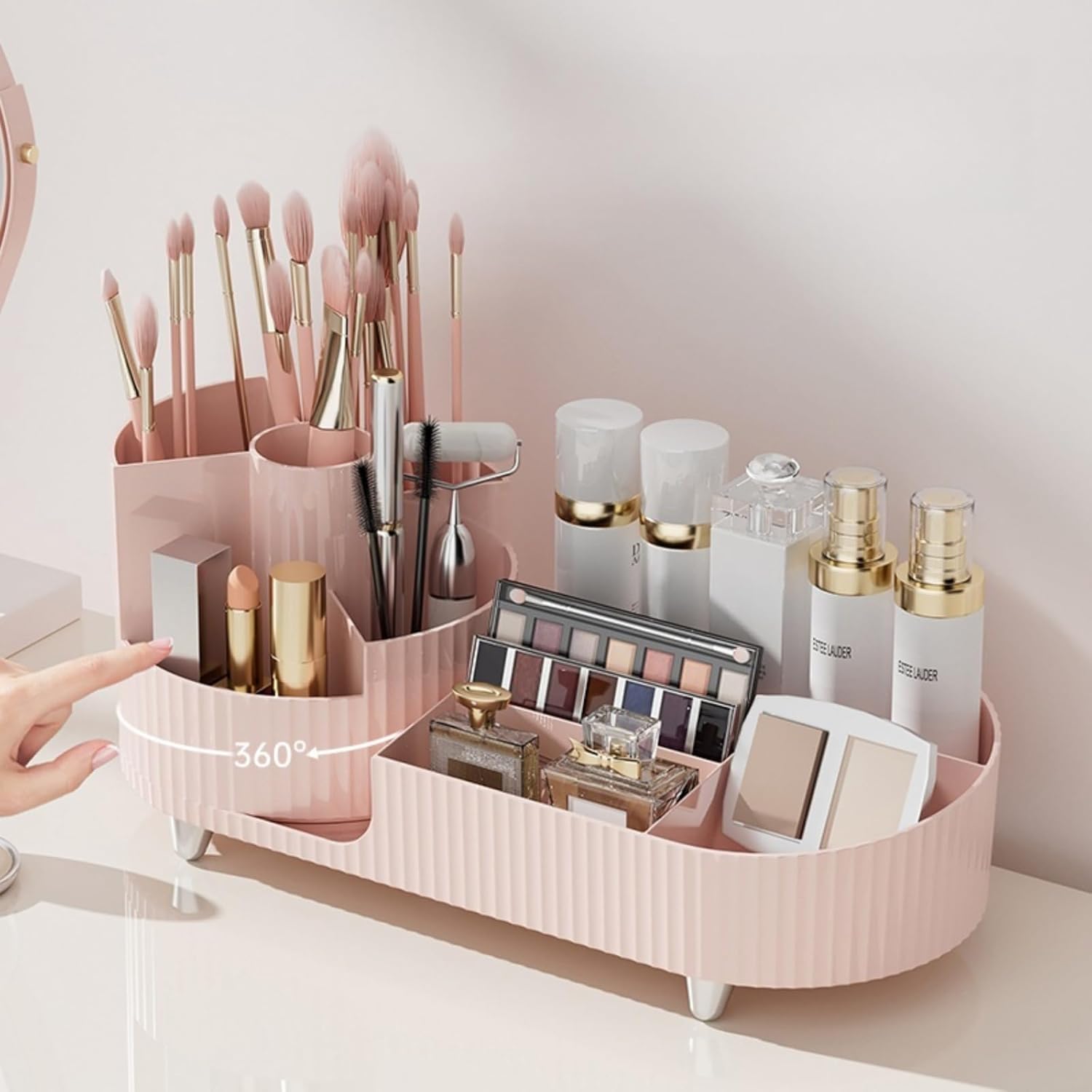 Rotating makeup organizer,Large Capacity Cosmetic Display Case, easy to hold all of your makeup products, at least 20 makeup brushes/eyeliner,10 lipsticks,8 skincare products(Crystal Amber)