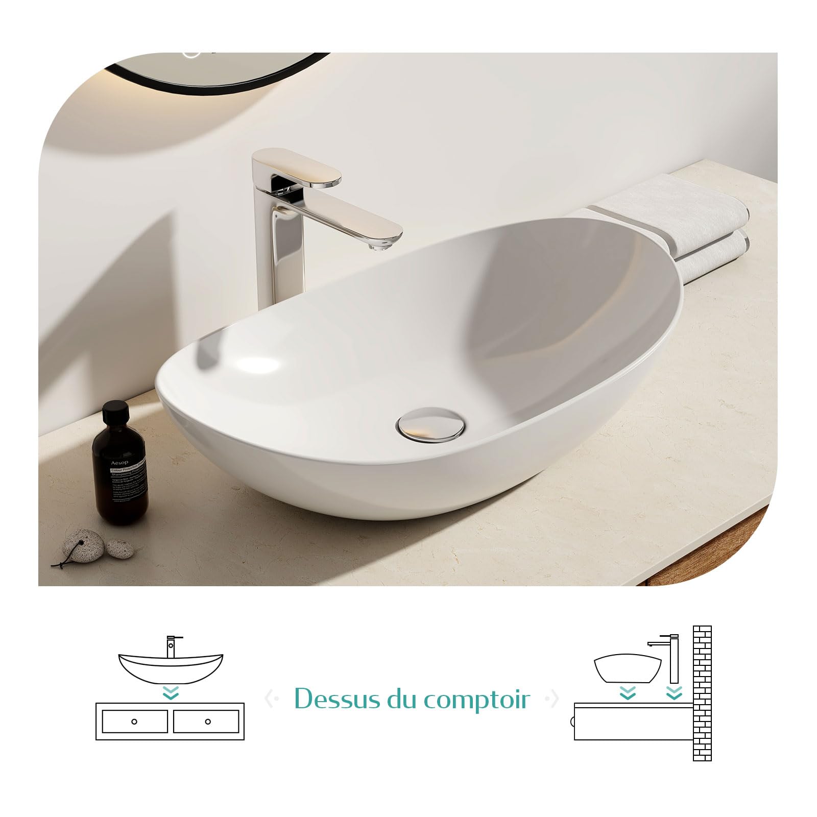 EMKE Lavabo da Appoggio Ovale 35×27×11cm, Vasca in Ceramica per Bagno e WC Ospiti, Mini Lavabo Piccola, Bianco