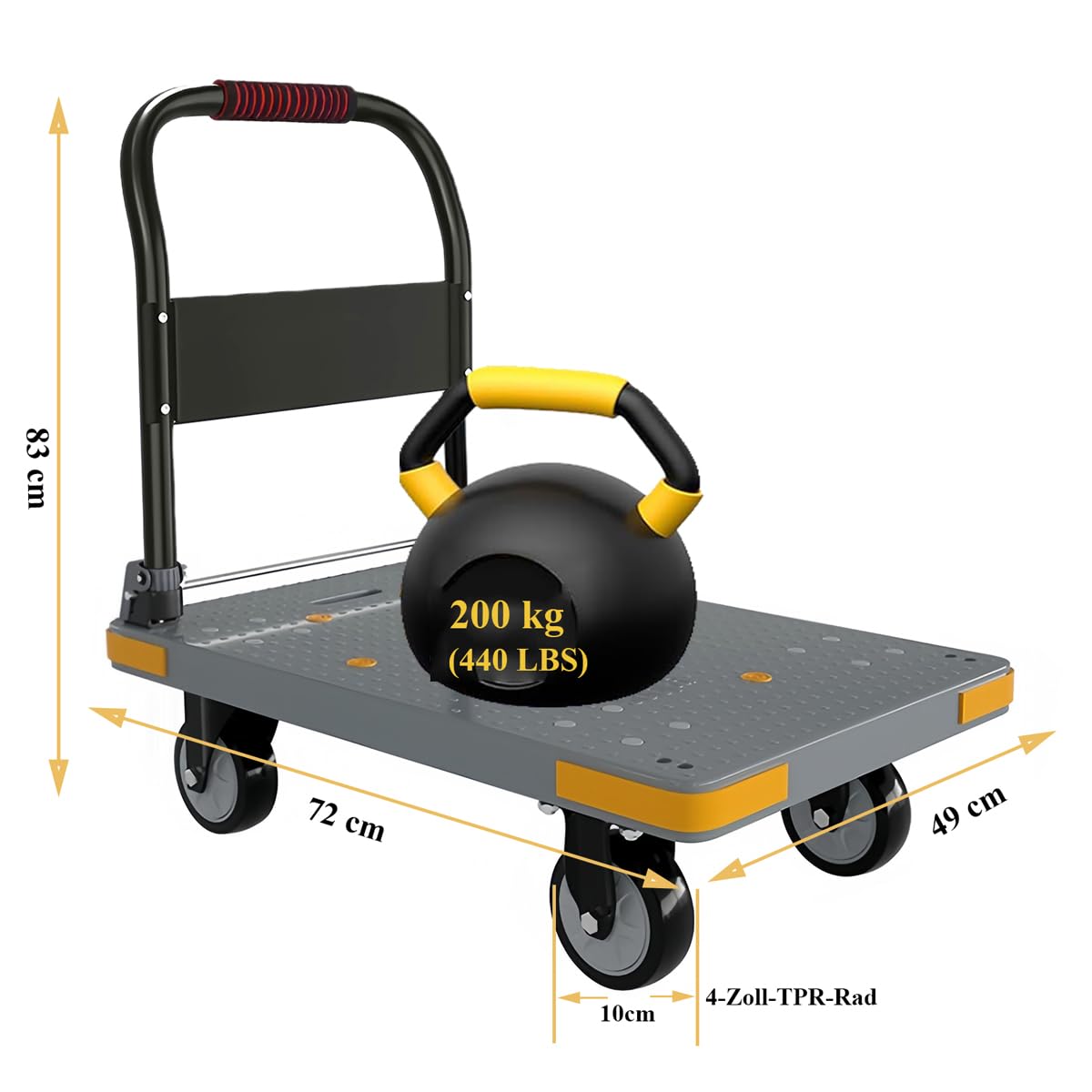 Składany wózek transportowy 200 kg, 72 x 50 cm, wózek platformowy z antypoślizgową powierzchnią, idealny do przeprowadzki, magazynu, warsztatu i majsterkowiczów (kolor szary)