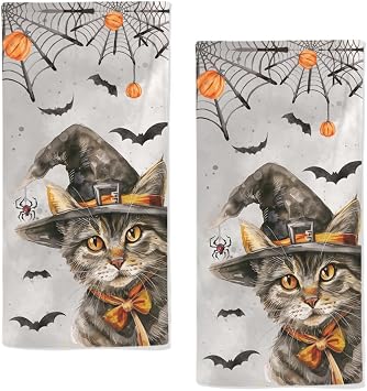 Halloween Hand Towels Set of 2 Highly Absorbent Witch Hat Cat Bath Hand Towels Breathable Happy Halloween Kitchen Towels for Gym Hotel Yoga Gifts Fingertip Towels 28.7x13.7 Inch