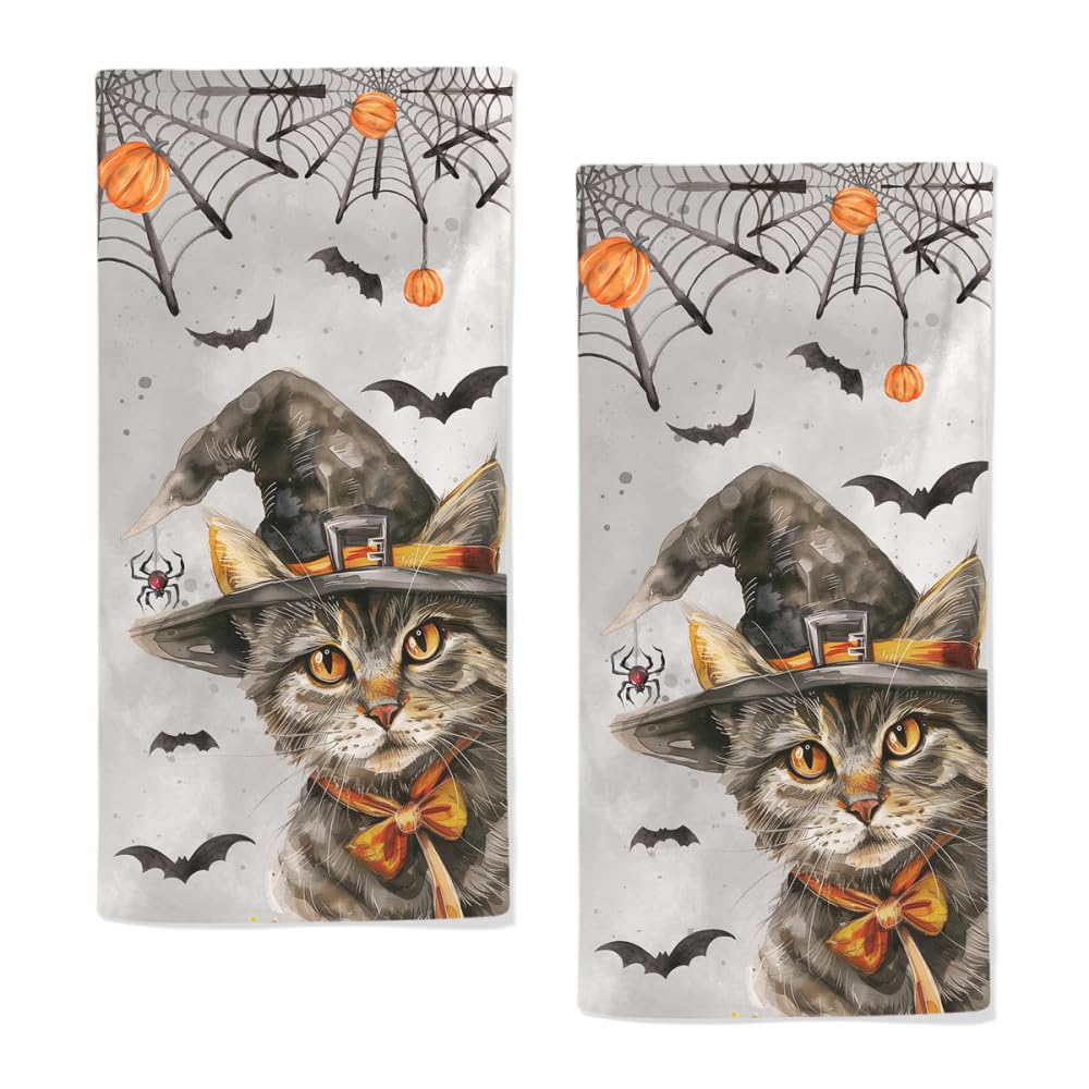 qiuhuang Halloween Hand Towels Set of 2 Highly Absorbent Witch Hat Cat Bath Hand Towels Breathable Happy Halloween Kitchen Towels for Gym Hotel Yoga