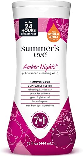 Summer's Eve Noches Ámbar con Extractos de Avena y Karité, Jabón corporal femenino refrescante diario para todo el cuerpo, elimina el mal olor,