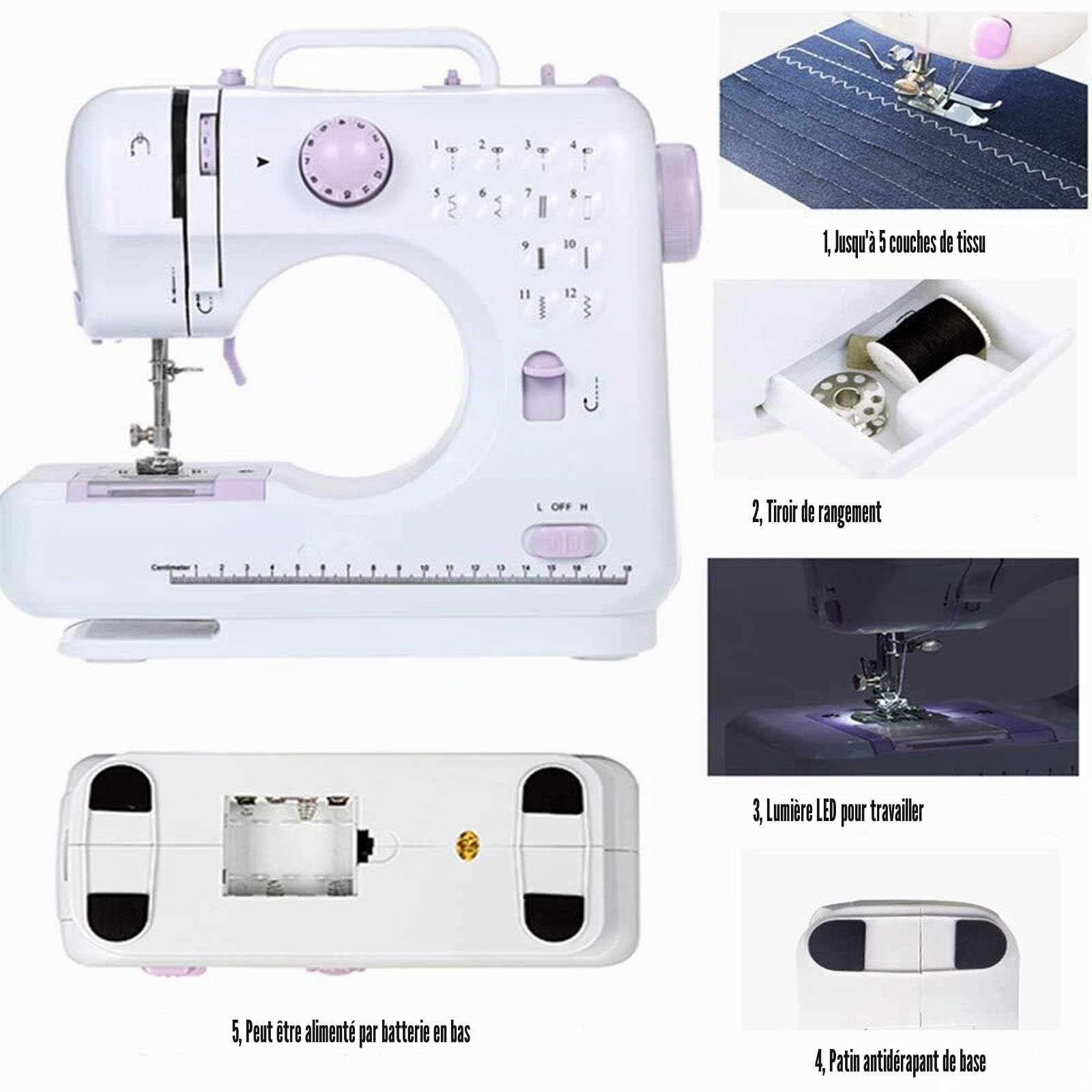 Machine à coudre portable, 12 points 2 vitesses Mini machine à coudre Machine à broder surjeteuse électrique avec veilleuse LED et pédale, outil de couture domestique pour débutants