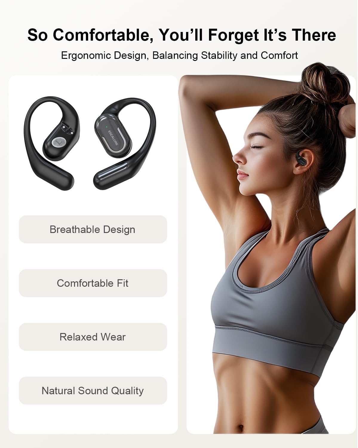 Open Ear Headphones Wireless Bluetooth 60H Playtime, IPX7 Waterproof Open Ear Earbud with Ear Hooks, Running Headphones Bluetooth 5.4 Ear Buds with Mic, Sport Headset for Cycling, and Workouts, Black - Image 6