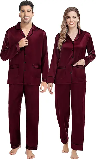 Silk Satin Couple Matching Pajamas Set for Women & Men - Long Sleeve Sleepwear