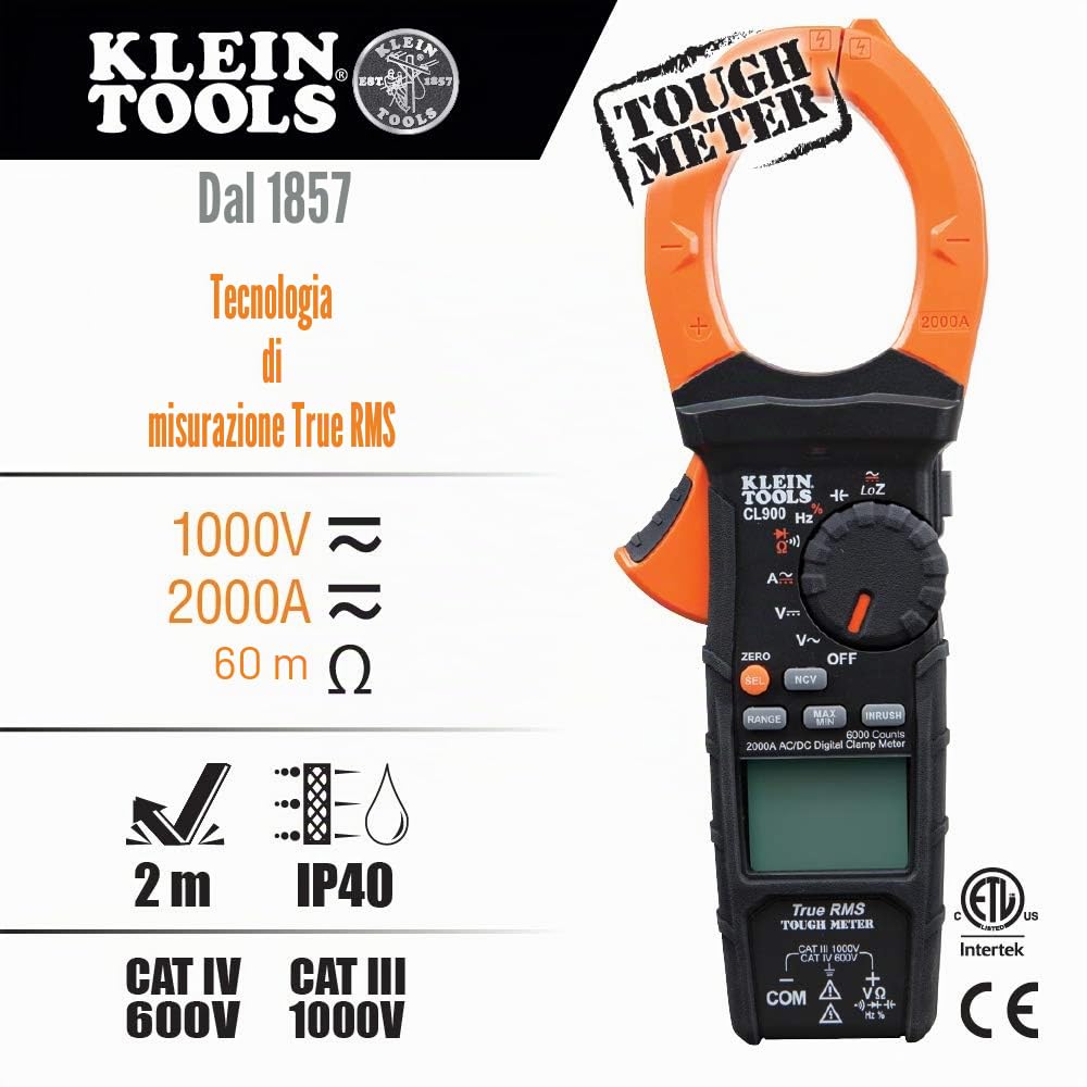 Klein Tools CL900 | Pinza amperometrica digitale AC/DC auto-rangeante True RMS 2000 A con modalità Low Impedance | Tester completo per elettricisti