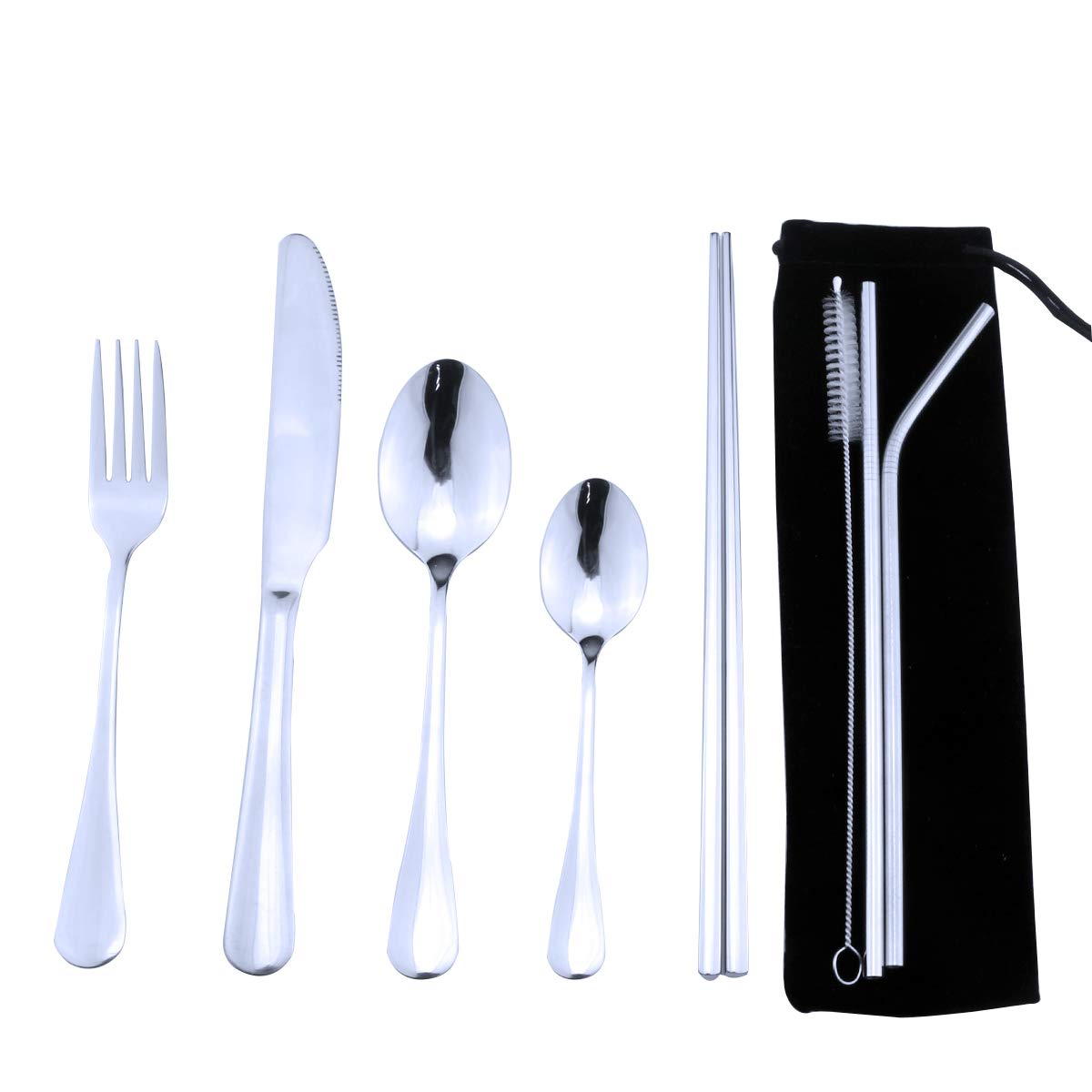 GugridaGugrida Silver Reusable Utensils with Case, Healthy & Eco-Friendly 8 Pieces Portable Stainless Steel Flatware Tableware Dinnerware Set, Portable Travel Camping Cutlery Knife Fork Spoon Straws Set