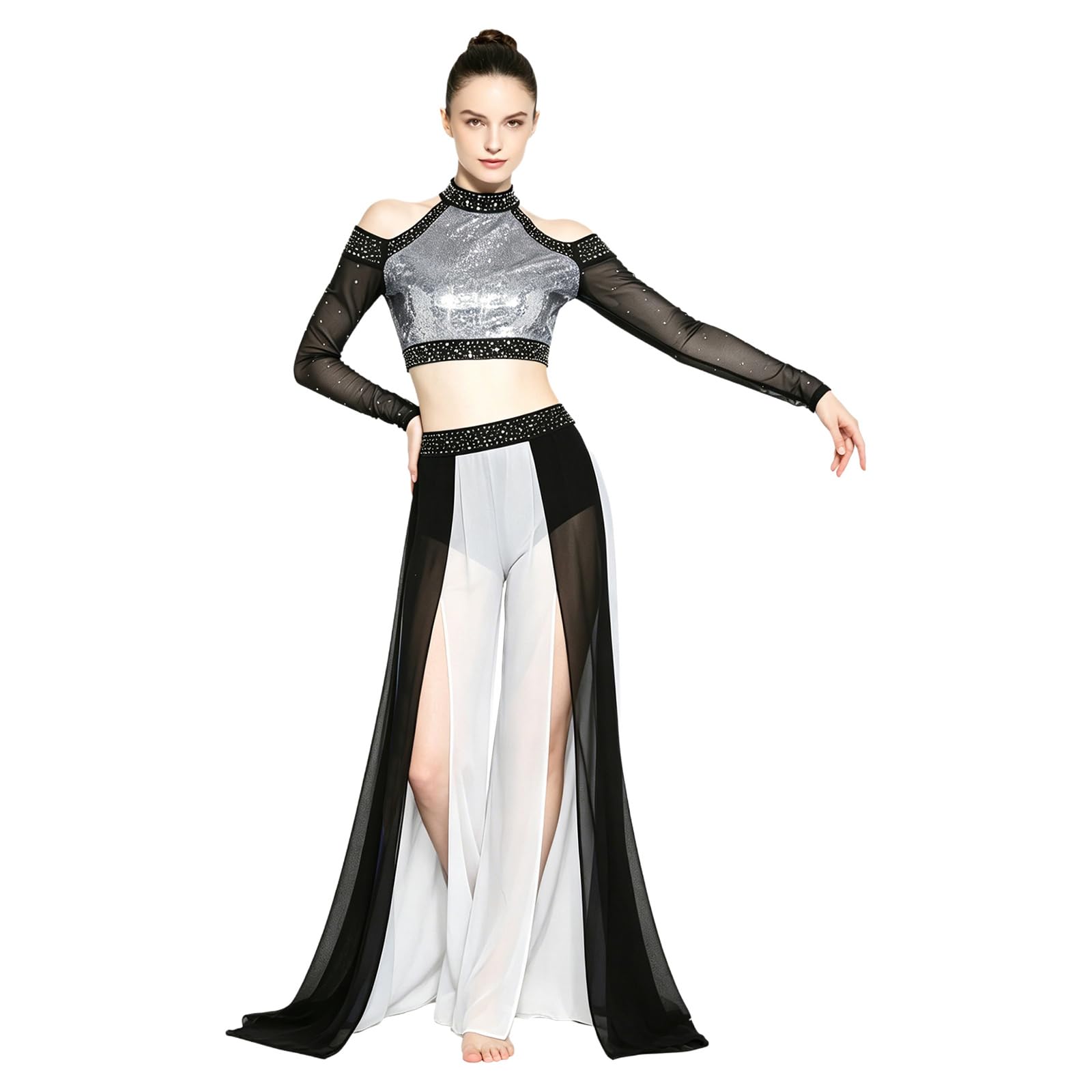 iEFiEL Donna Abbigliamento da Ballo Lirico A Due Pezzi Truccoletti con Sequine + Pantaloni Largo Pantalone Fenduti Completo Danza del Ventre
