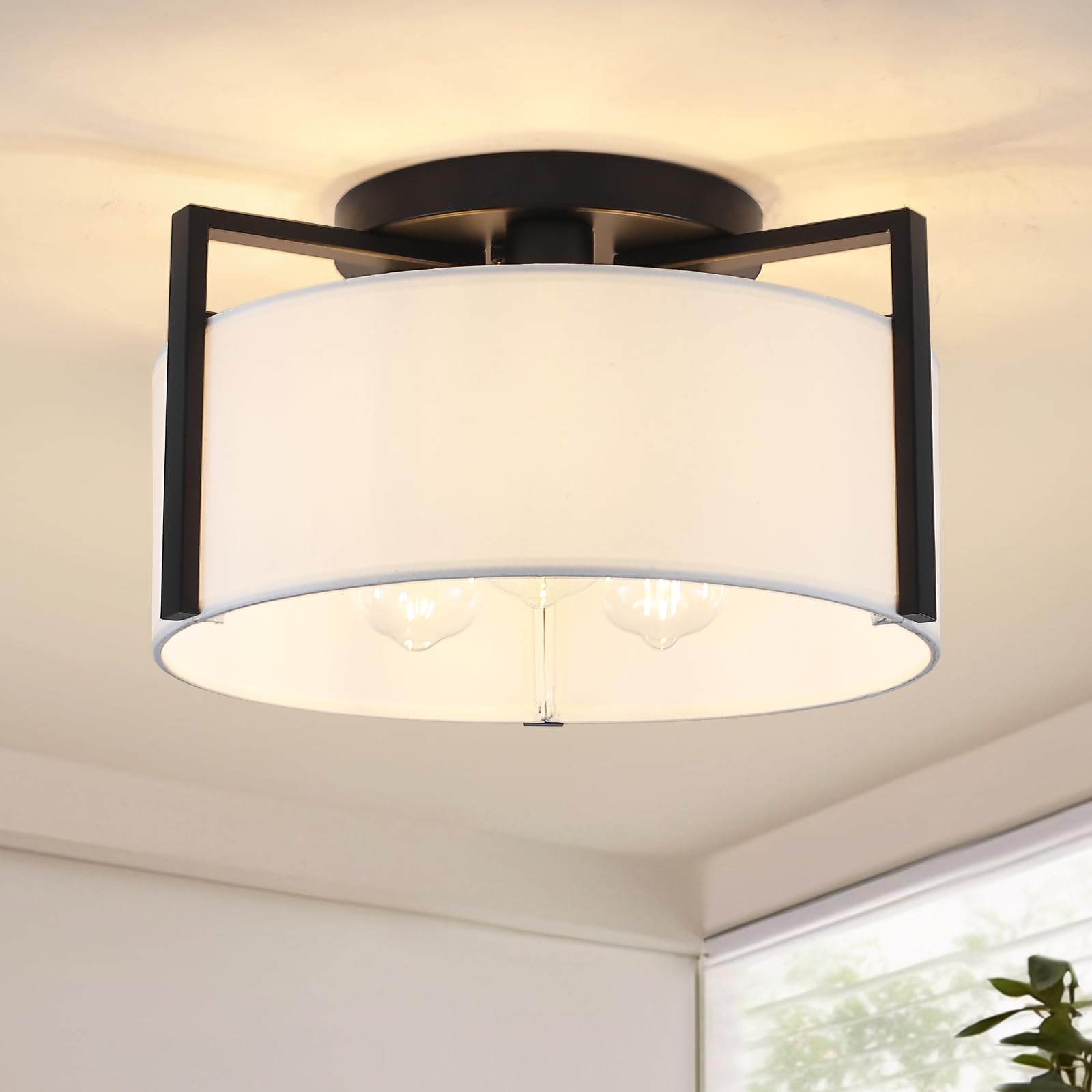 Photo 1 of 15" Semi Flush Mount Ceiling Light, 3-Light Modern Kitchen Hallway Light Fixtures with Drum White Shade, Metal Close to Ceiling Lights for Entryway Living Room Bedroom Dining Room Foyer, Black