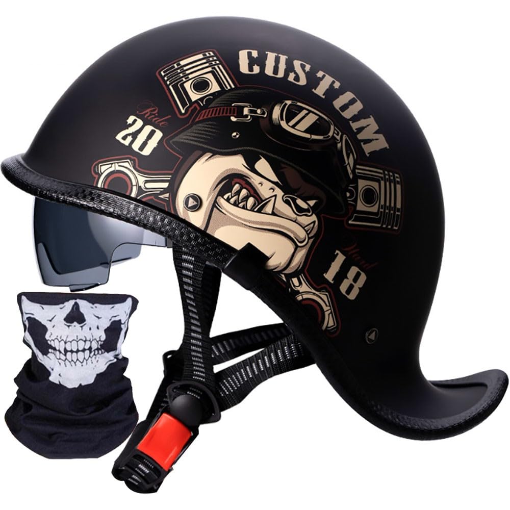Half Face Motorcycle Helmet with Drop-Down Sun Visor Beanie Helmets, Vintage Leather Motorcycle Retro Half Helmet DOT Approved Motorbike for Scooter Bike Cruiser ATV Men Women