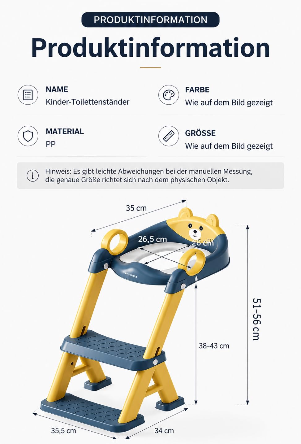 Toilettentrainer für Kinder für Jungen und Mädchen, 2 in 1 Kind Toilettensitz mit Treppe, Spritz und Rutschfestes Trittbrett, 6-stufig höhenverstellbar, PP/TPR/PVC Material，54 x 35 x 20 cm (Blau Gelb)